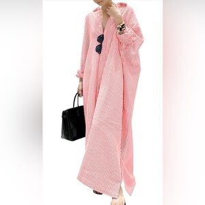 Chouyatou Red & White Striped Maxi Shirt Dress – Oversized Button Down XL NWT